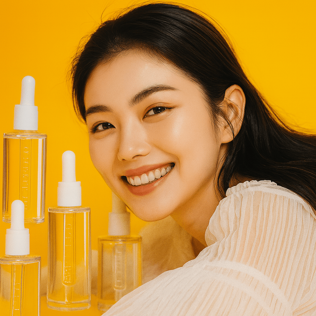 Korean skincare for oily skin with smiling woman and serum bottles on a yellow background.