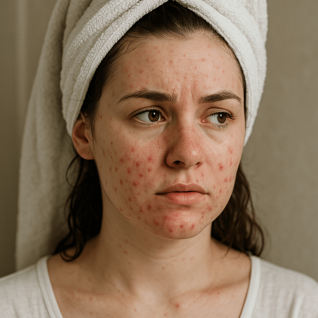 Brunette woman with visible skin breakout post-shower, illustrating sudden acne flare-up and skincare concern.