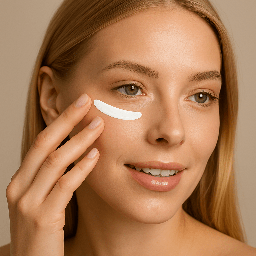 Blond Woman Applying Korean Skincare Eye Cream