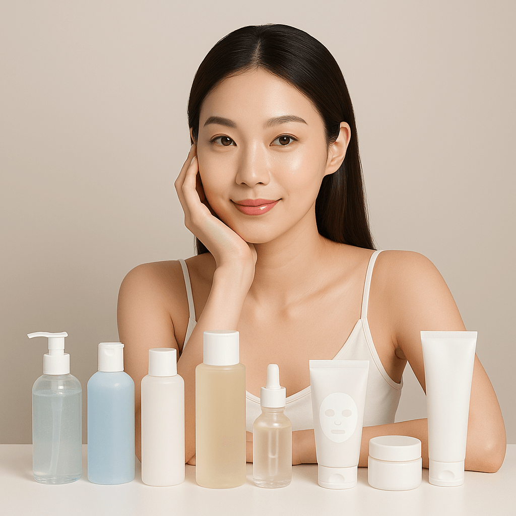 Beautiful Korean woman with glowing skin sitting behind a neatly arranged lineup of various skincare bottles, jars, and tubes on a white table.