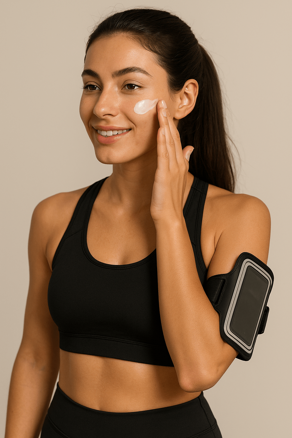 Brunette woman in workout gear applying clear cream to her face as part of a Korean skincare before and after working out routine.