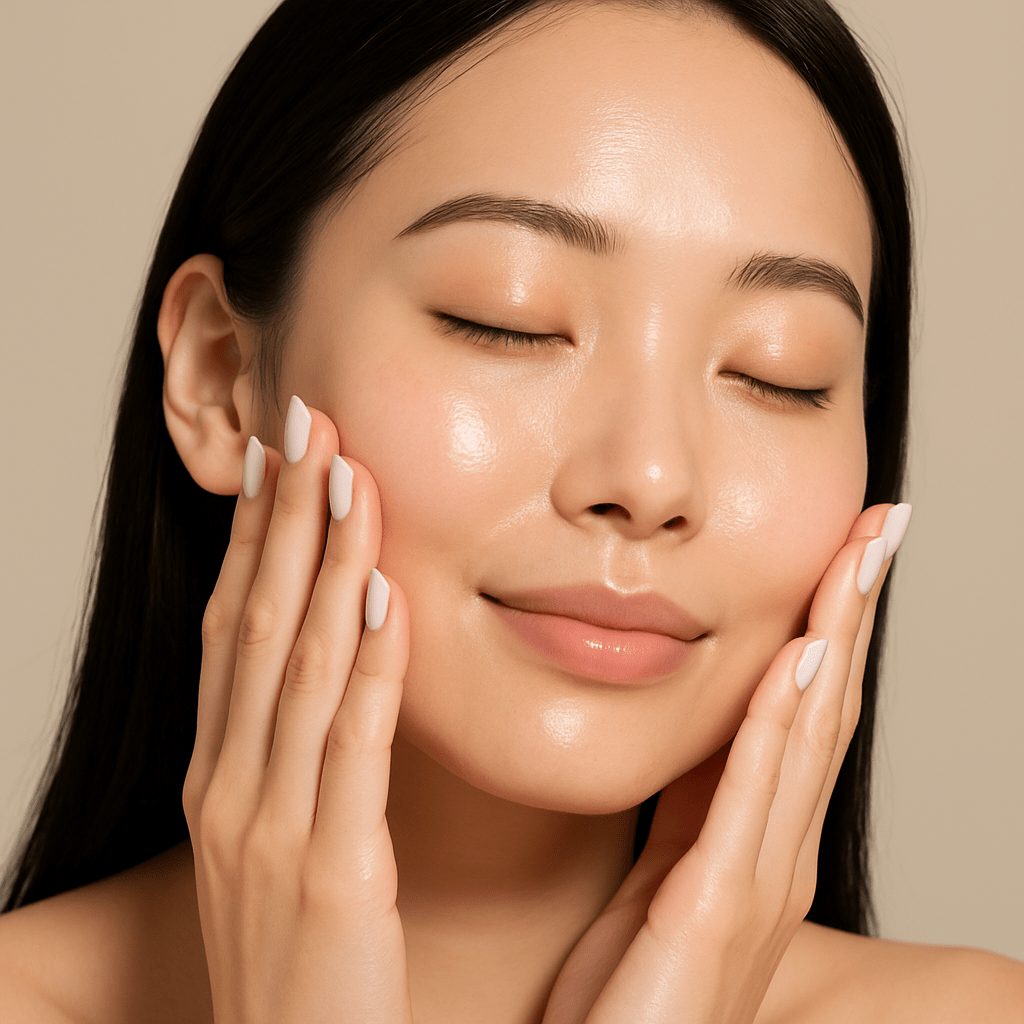 Close-up of a Korean woman gently touching her smooth, glowing skin with white shellac nails.