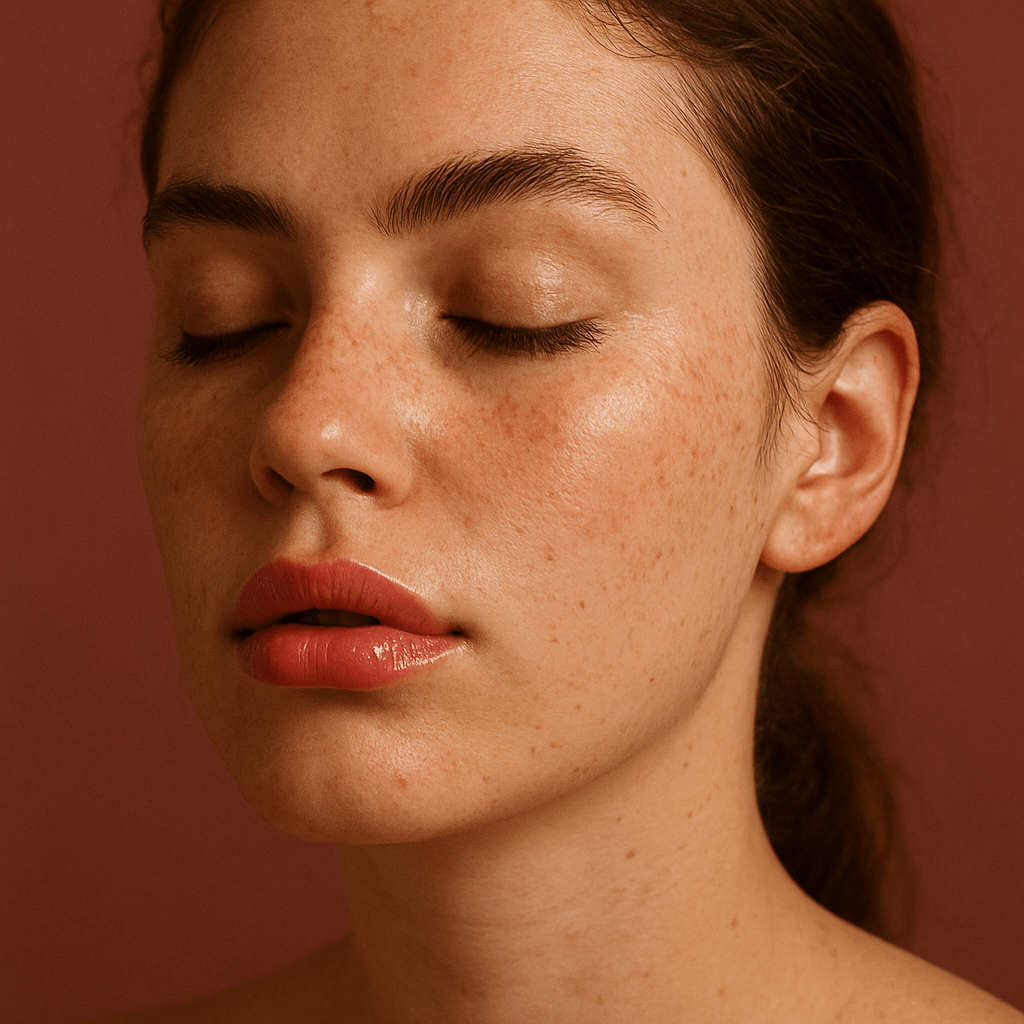 best lip care essentials on a red brownish with a pretty woman with plump lips in the foreground