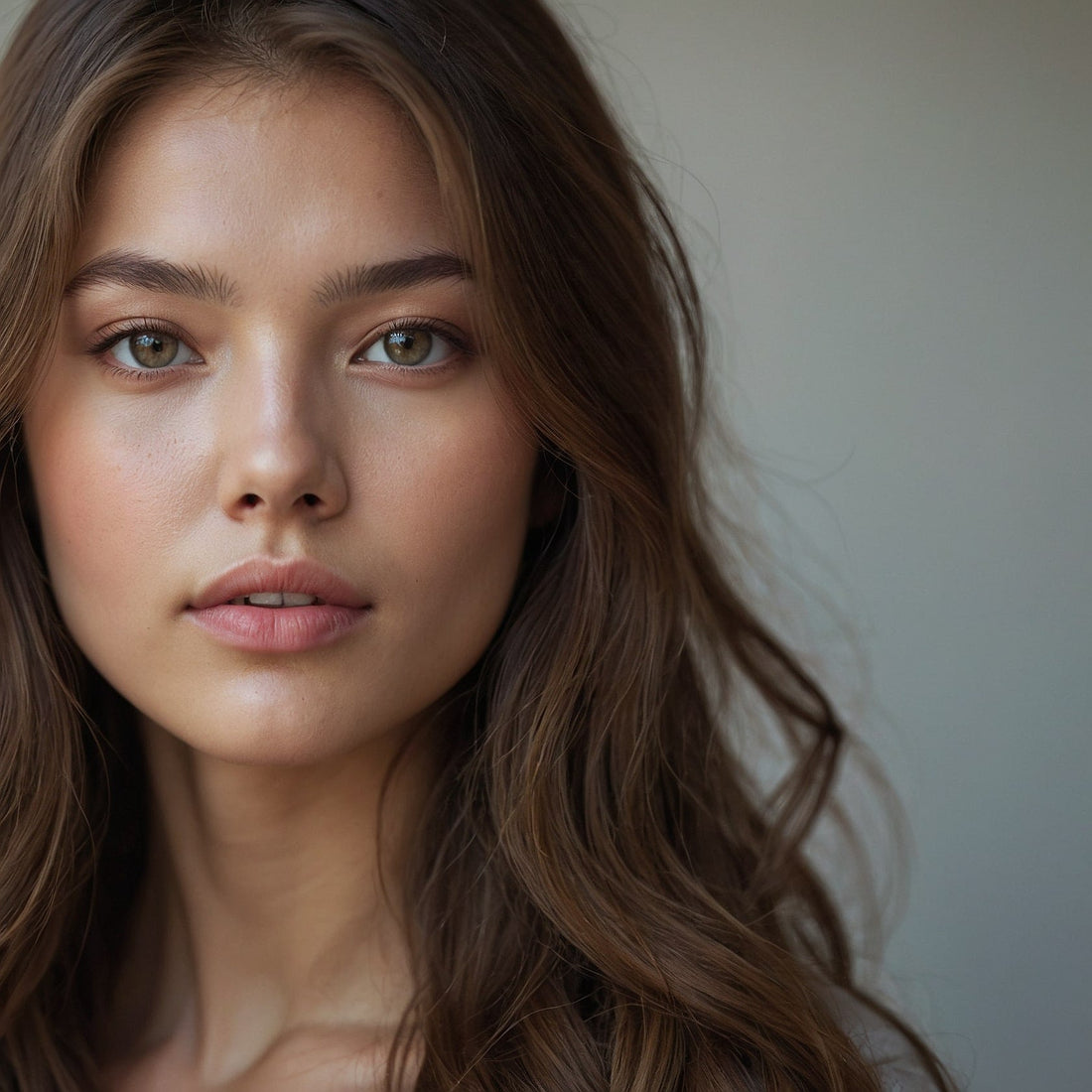 Pretty brunette girl with glass skin and glowing dewy complexion