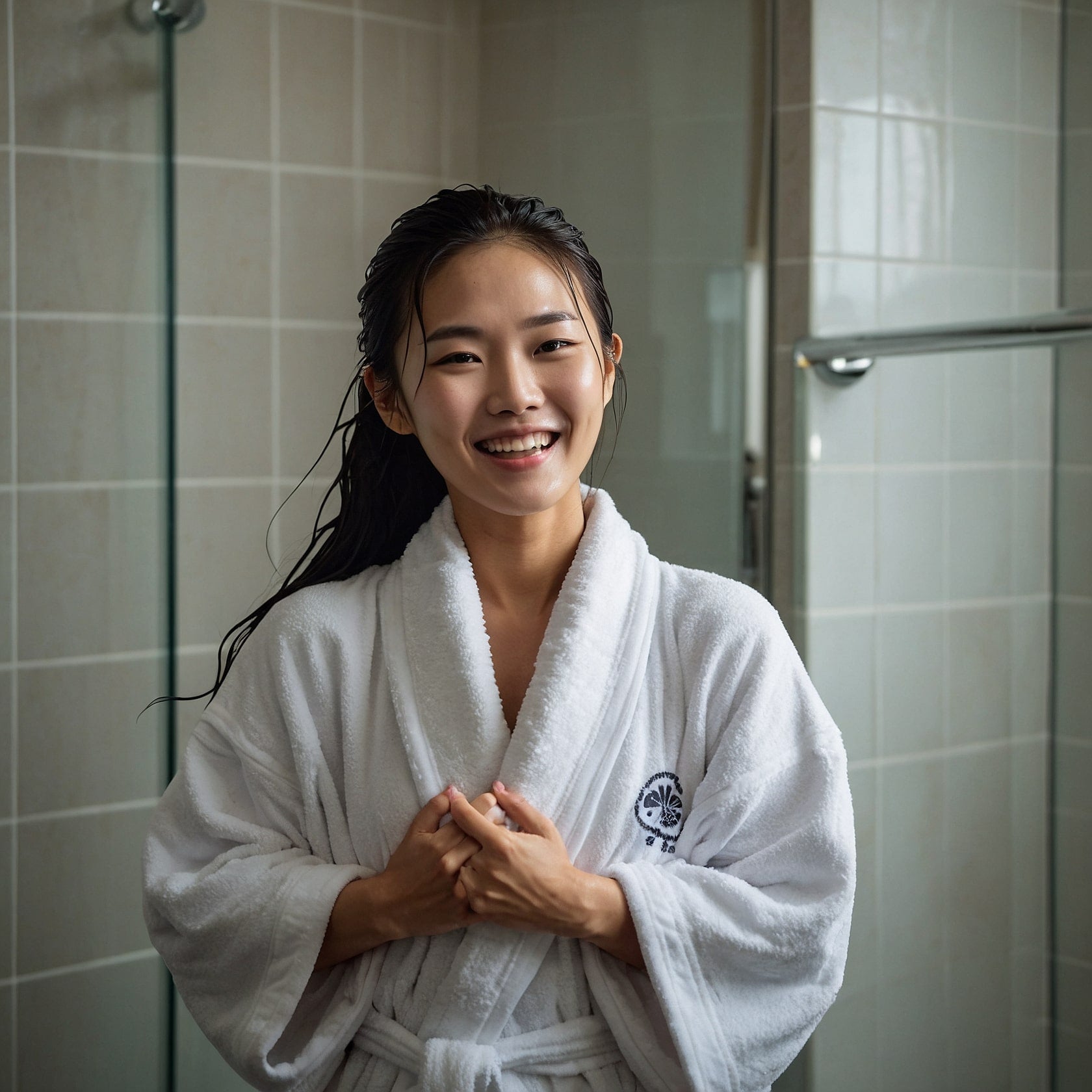 A korean woman feeling good in her shiny glass skin after following the best korean skincare routine