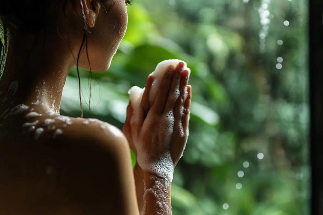 young woman oung woman applying a small soap on her shoulders